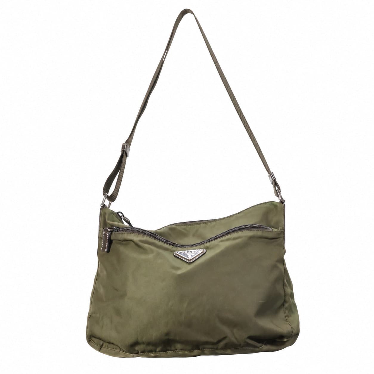 Prada Tessuto Nylon Leather Trim Crossbody Messenger Shoulder Bag Olive Green handbags auction on bidia.ai