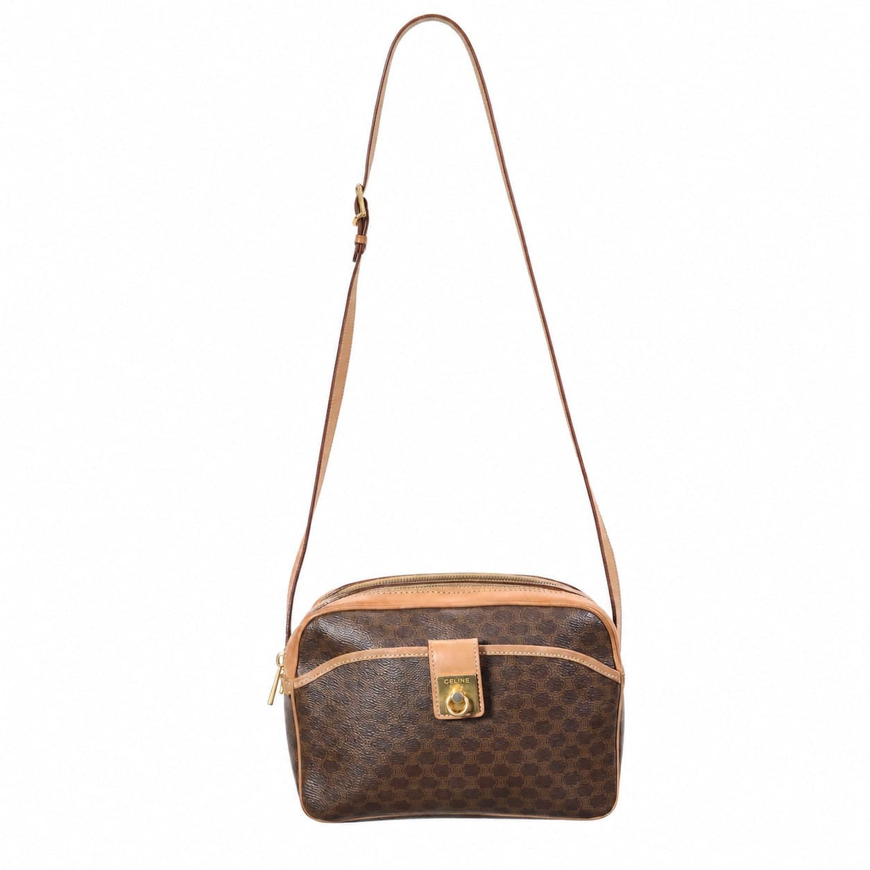 Celine Macadam Monogram Canvas Leather Crossbody Shoulder Bag Brown Handbag Purse handbags auction on bidia.ai