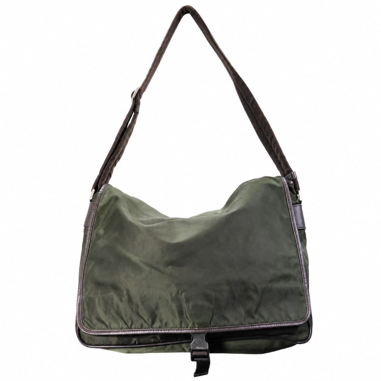 Prada Tessuto Nylon Messenger Shoulder Bag Olive Green Brown Leather Trim handbags auction on bidia.ai