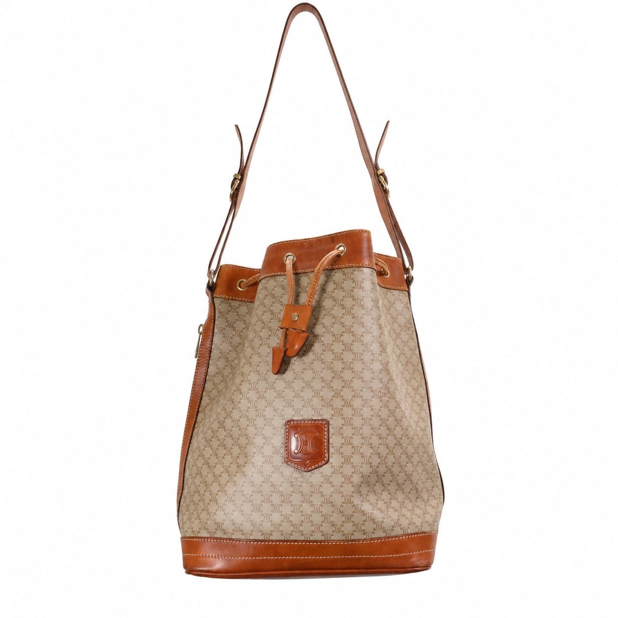 Celine Macadam Monogram Canvas Leather Bucket Drawstring Shoulder Bag Handbag Purse Beige Tan handbags auction on bidia.ai