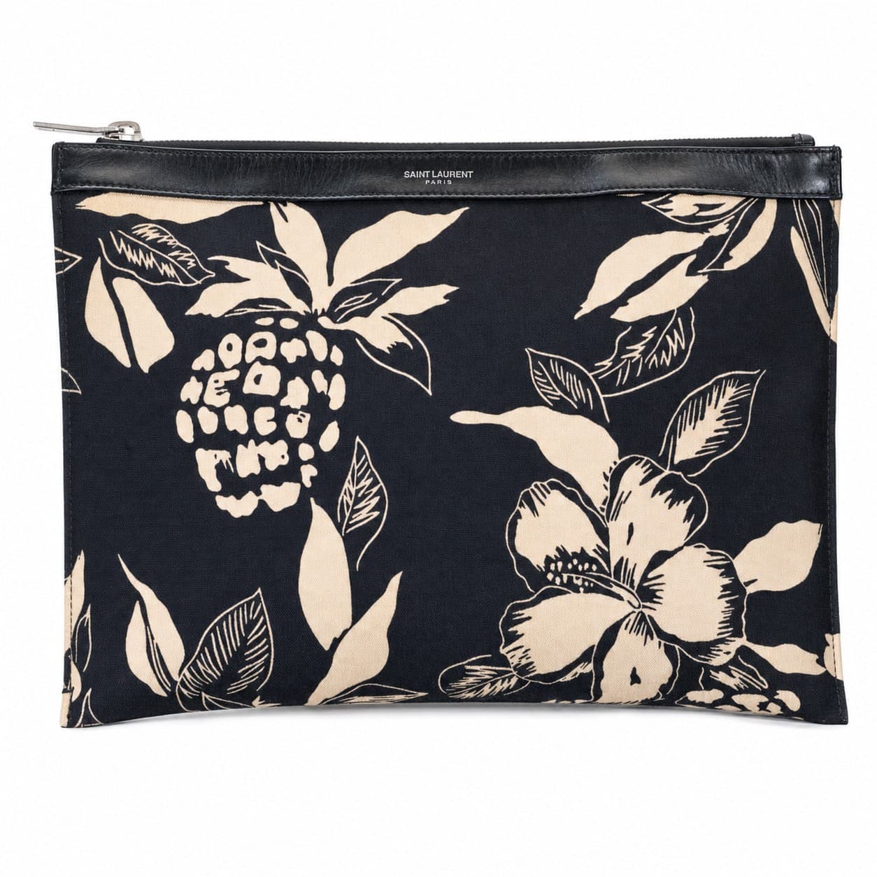 Saint Laurent Floral Print Canvas Leather Trim Zip Clutch Pouch Bag Black handbags auction on bidia.ai