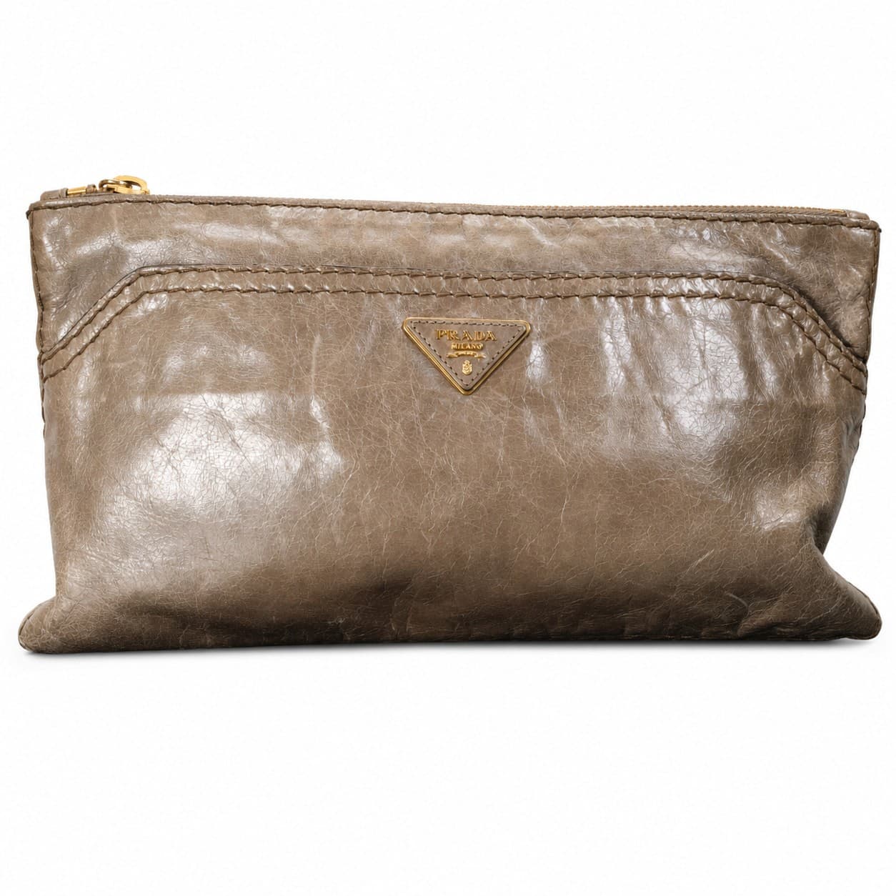 Prada Leather Clutch Pouch Cosmetic Bag Triangle Logo Taupe Gold Hardware handbags auction on bidia.ai