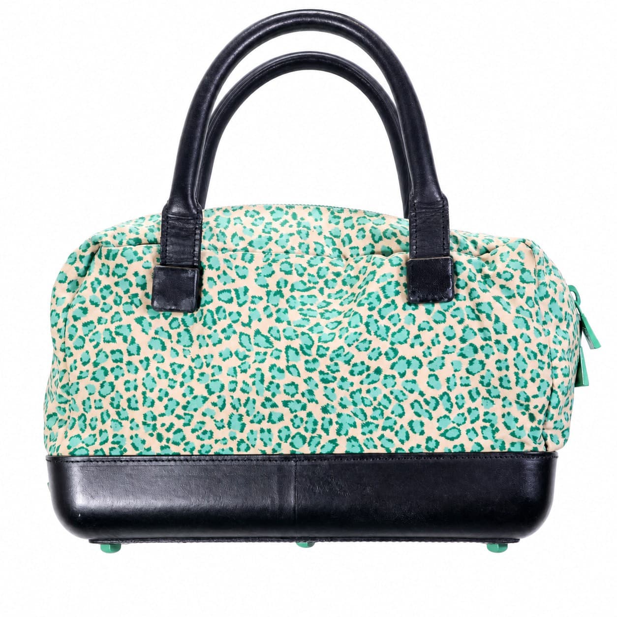 Bottega Veneta Leopard Print Canvas Leather Satchel Top Handle Handbag Purse Bag Green handbags auction on bidia.ai