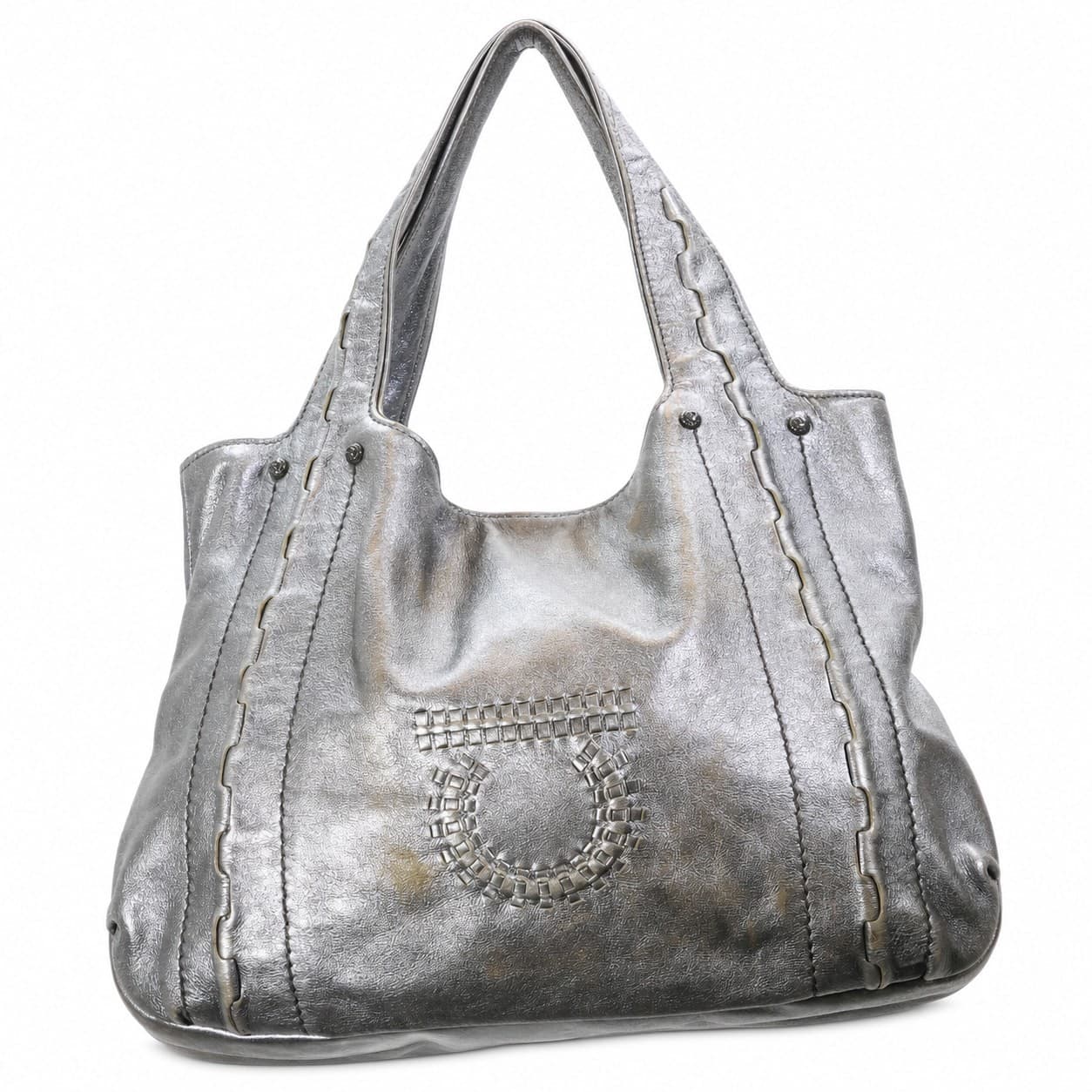 Salvatore Ferragamo Metallic Silver Leather Hobo Shoulder Bag Handbag Purse handbags auction on bidia.ai