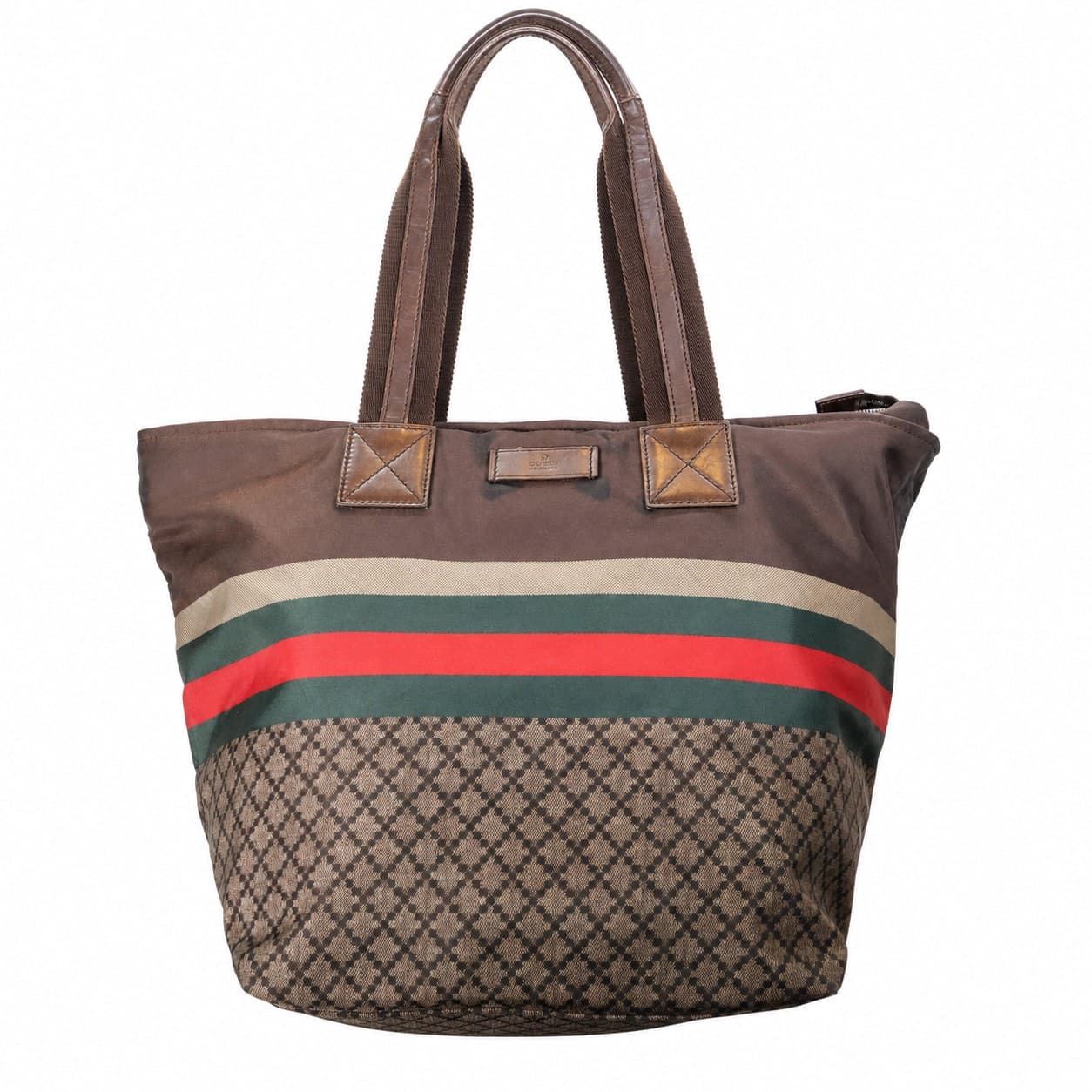 Gucci Diamante Canvas Web Stripe Nylon Leather Tote Shoulder Bag Brown handbags auction on bidia.ai