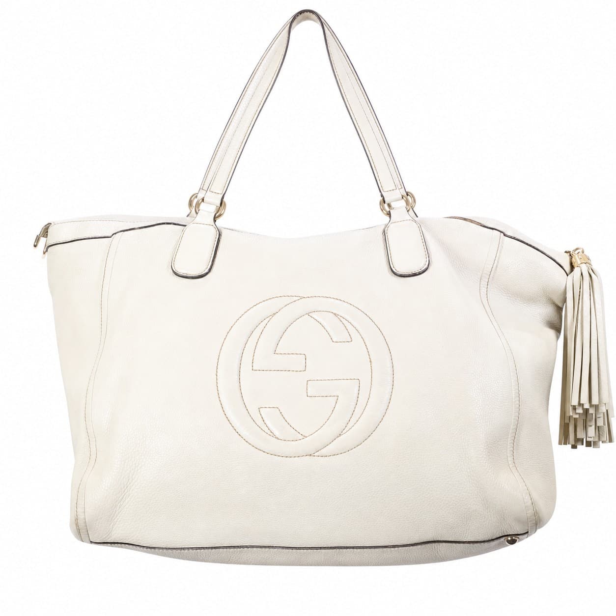 Gucci Soho Leather Tote Handbag Purse Bag Cream White Gold Hardware Tassel handbags auction on bidia.ai
