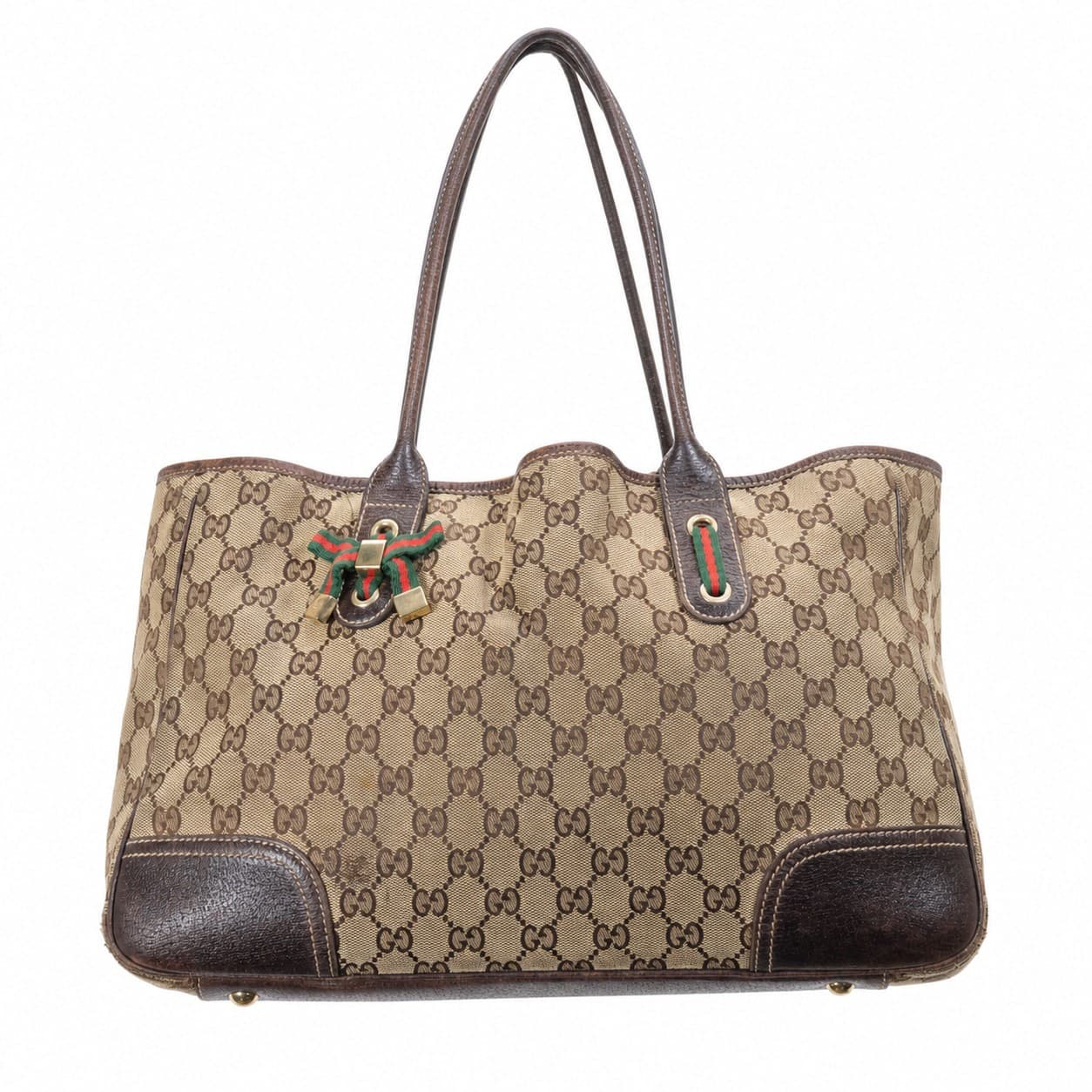 Gucci GG Canvas Brown Leather Web Stripe Tote Shoulder Bag Handbag Purse handbags auction on bidia.ai