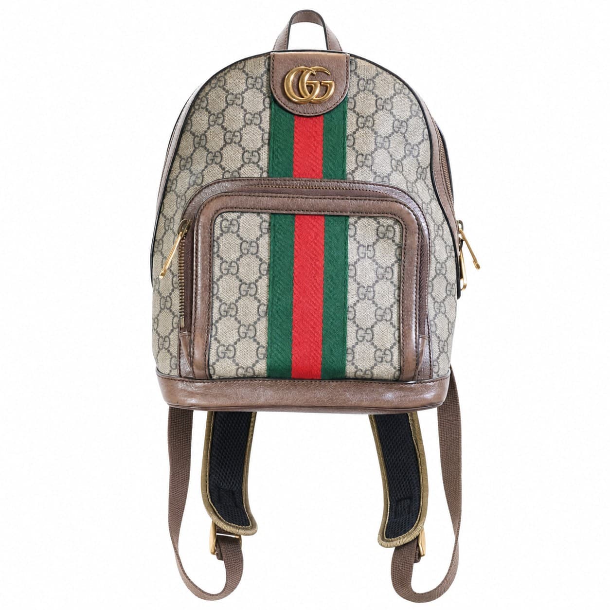 Gucci GG Supreme Canvas Backpack Brown Leather Web Stripe Beige handbags auction on bidia.ai