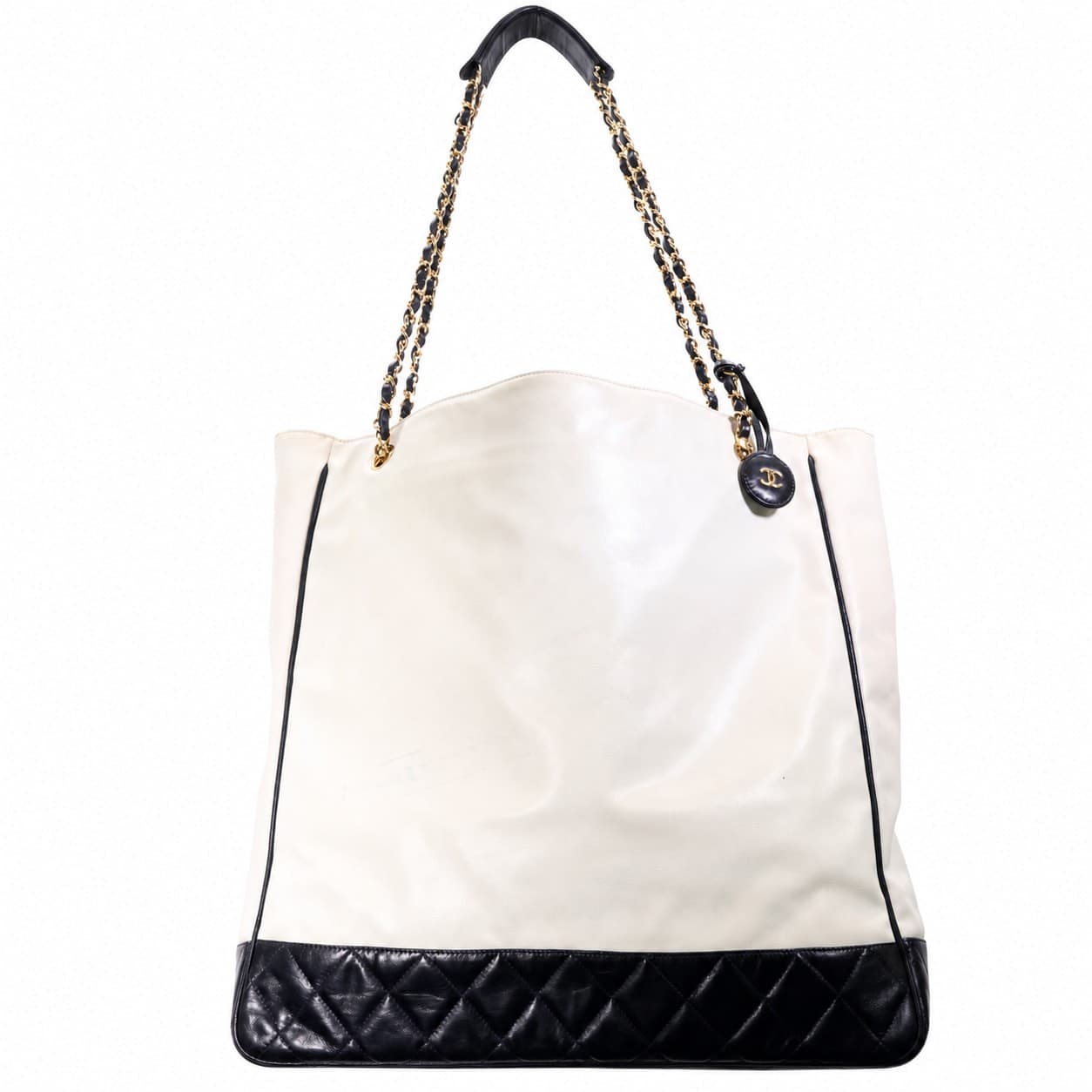 Chanel White Black Quilted Leather Canvas Tote Shoulder Bag Handbag Purse handbags auction on bidia.ai