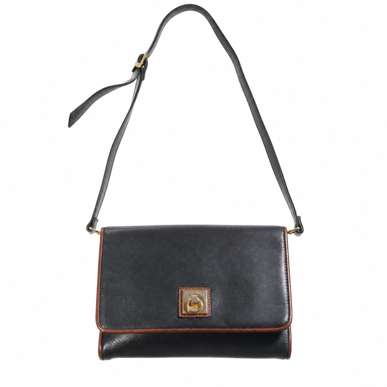 Celine Black Leather Crossbody Shoulder Bag Purse Brown Trim Gold Hardware handbags auction on bidia.ai