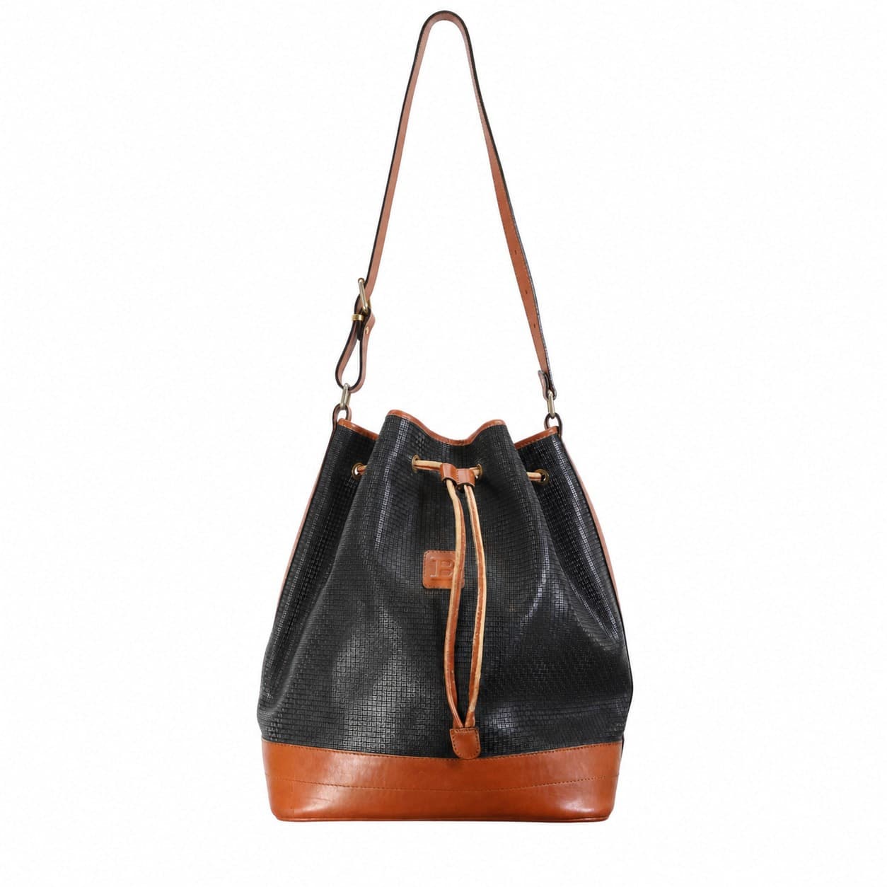 Bally Black Tan Leather Monogram Bucket Bag Drawstring Shoulder Crossbody Purse handbags auction on bidia.ai
