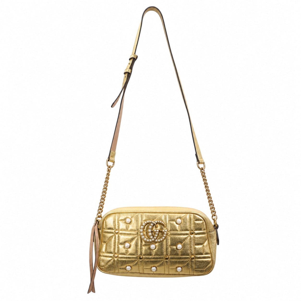 Gucci GG Marmont Matelassé Gold Metallic Leather Pearl Camera Bag Crossbody Shoulder Handbag Purse handbags auction on bidia.ai