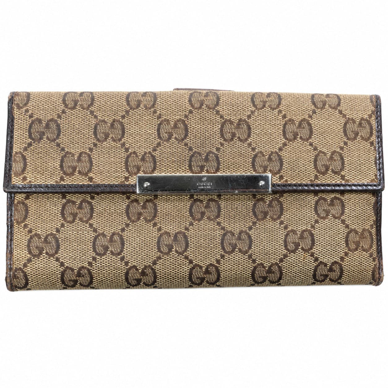 Gucci GG Supreme Canvas Continental Wallet Brown Leather Trim handbags auction on bidia.ai