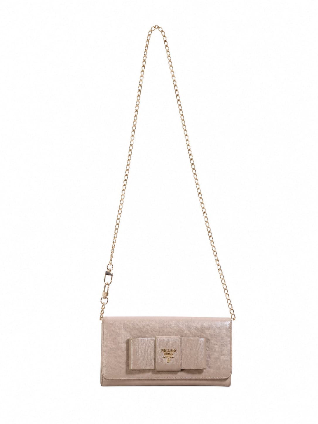 Prada Saffiano Leather Bow Continental Wallet Chain Beige Cipria Handbag handbags auction on bidia.ai