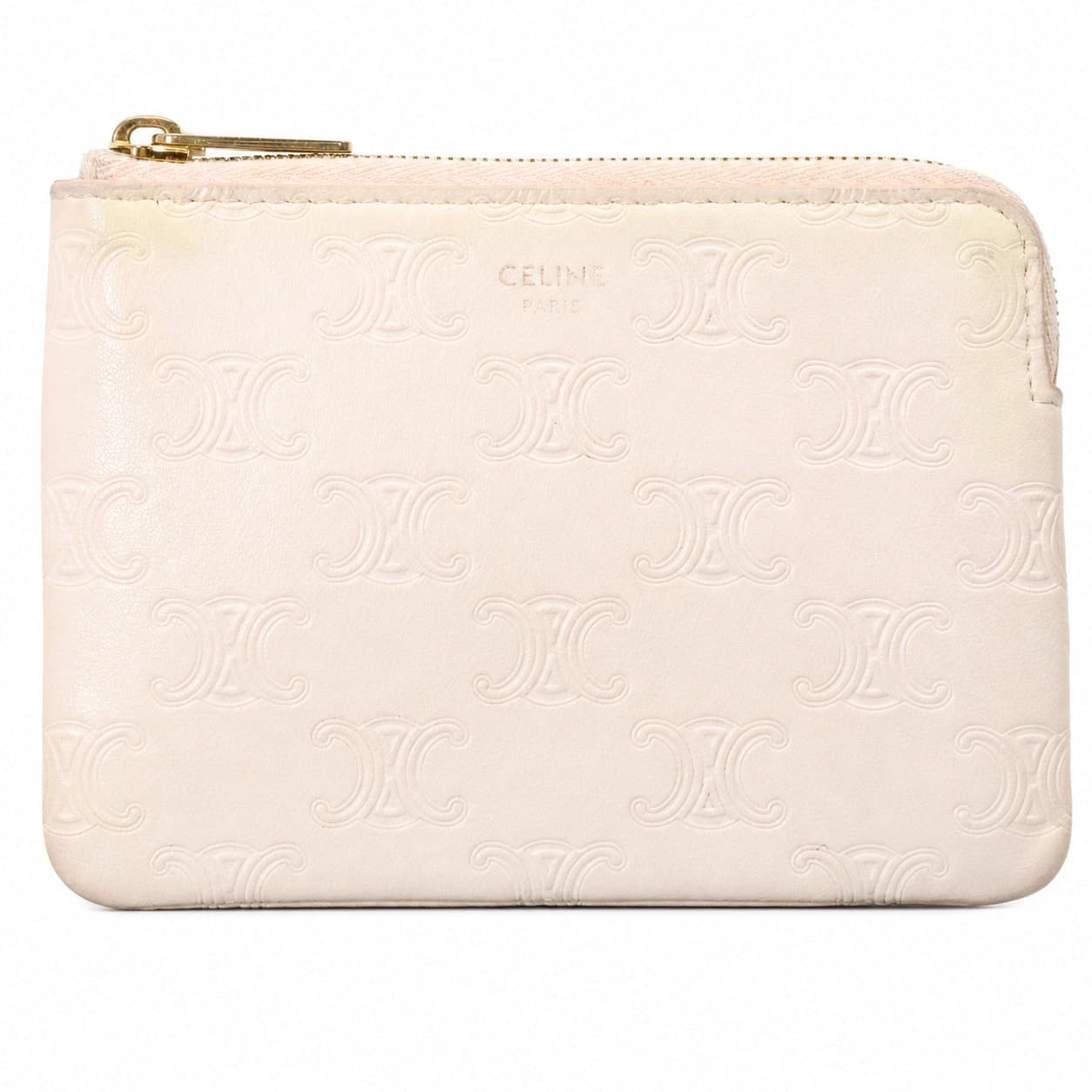 Celine Triomphe Embossed Leather Coin Purse Pouch Beige Gold Hardware handbags auction on bidia.ai