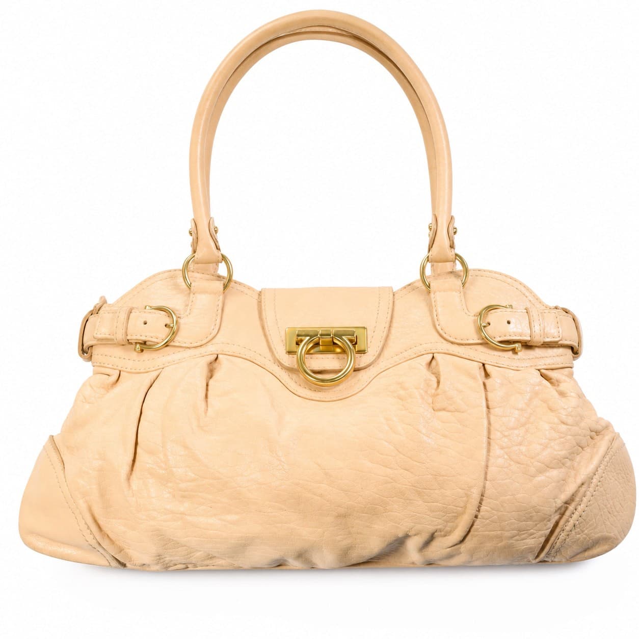 Salvatore Ferragamo Gancini Leather Handbag Purse Bag Satchel Beige Gold Hardware handbags auction on bidia.ai