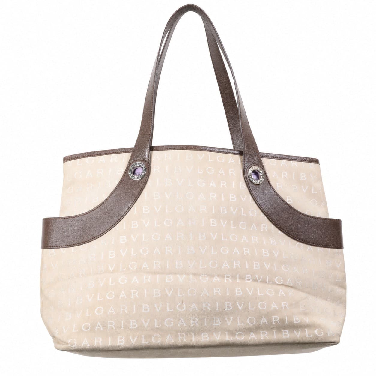 Bulgari Logomania Canvas Leather Shoulder Bag Tote Handbag Purse Beige Brown handbags auction on bidia.ai