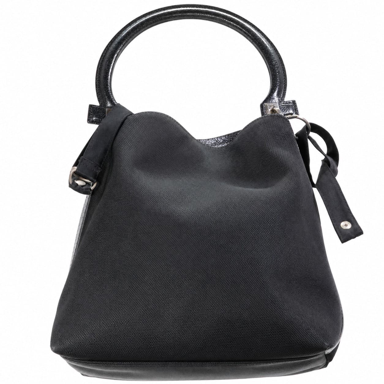Salvatore Ferragamo Black Nylon Leather Top Handle Shoulder Bag Handbag Purse handbags auction on bidia.ai