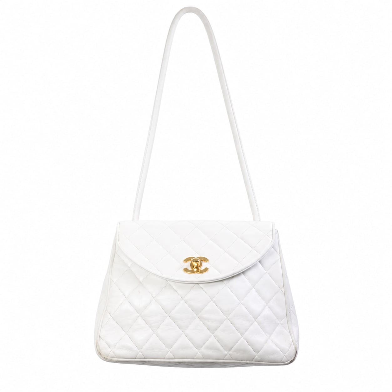 Chanel White Quilted Lambskin Leather Shoulder Bag Purse Handbag Gold Hardware handbags auction on bidia.ai