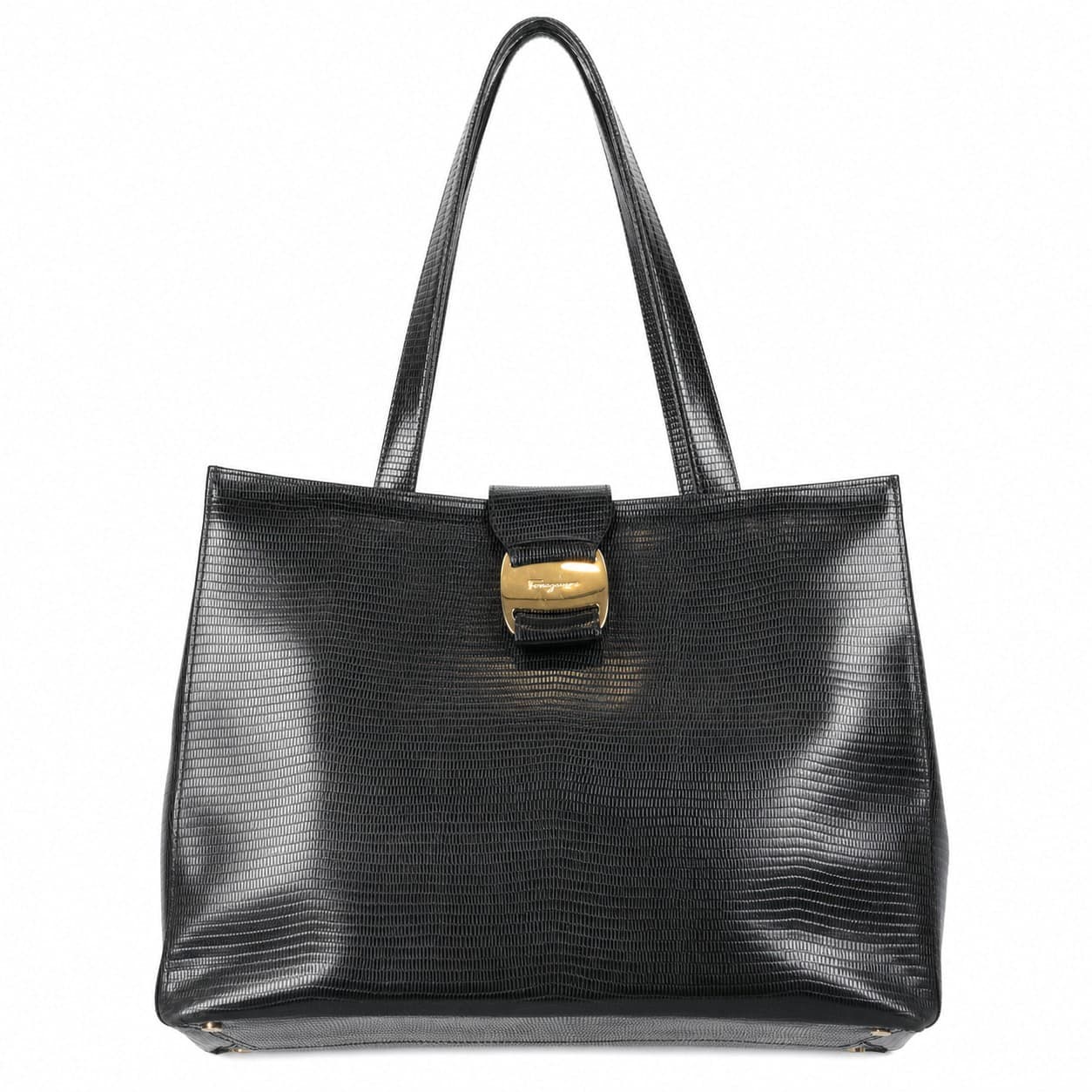 Salvatore Ferragamo Vara Bow Black Lizard Embossed Leather Tote Shoulder Bag Handbag Purse handbags auction on bidia.ai