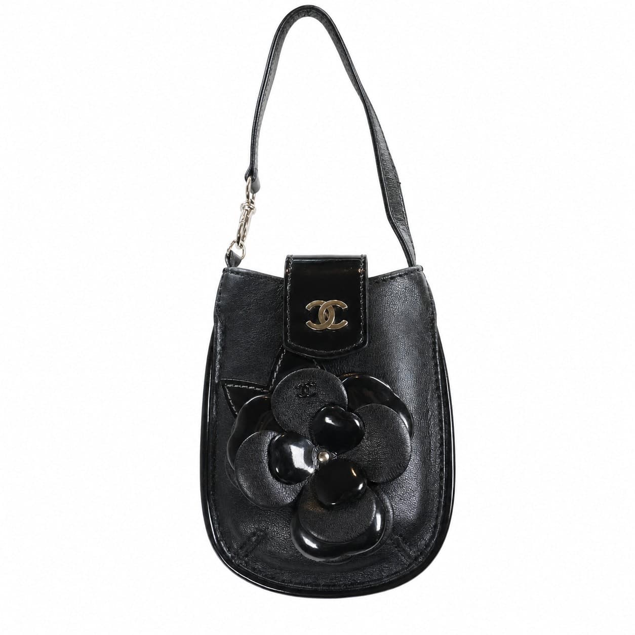 Chanel Black Leather Camellia Flower Shoulder Bag Handbag Purse handbags auction on bidia.ai