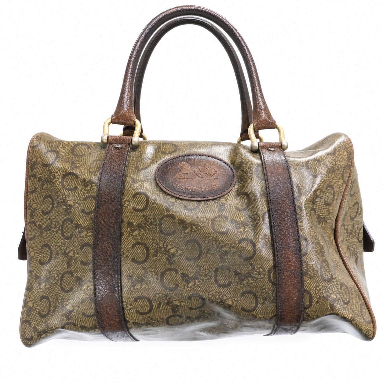 Céline Macadam Coated Canvas Leather Boston Bag Handbag Purse Barrel Top Handle Brown handbags auction on bidia.ai