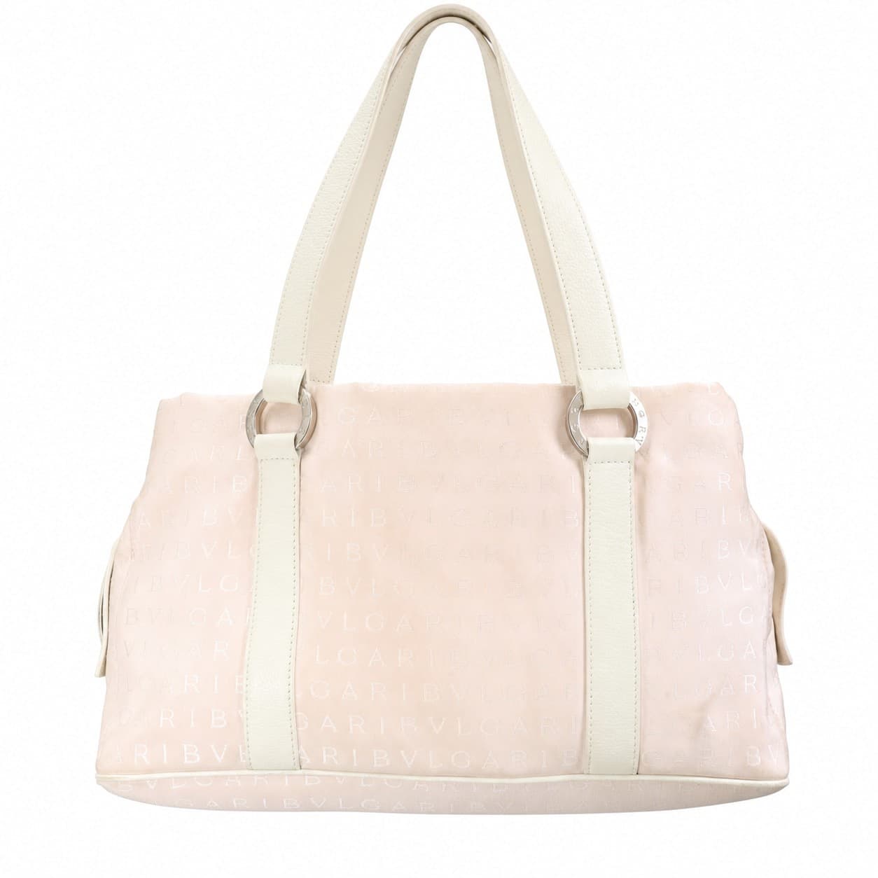 Bvlgari Logomania Canvas Leather Barrel Duffle Shoulder Bag Handbag Pink Beige handbags auction on bidia.ai