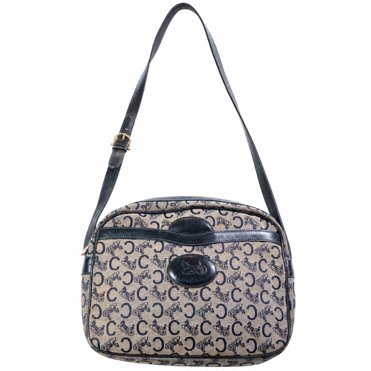 Céline Macadam Canvas Leather Crossbody Shoulder Bag Beige Navy Blue handbags auction on bidia.ai