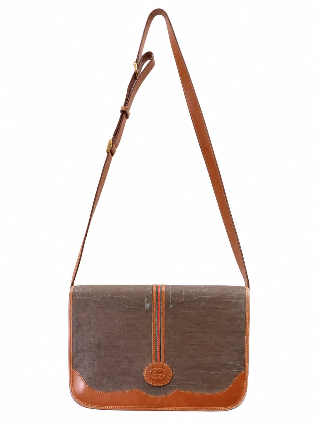 Gucci GG Monogram Canvas Leather Trim Brown Crossbody Shoulder Messenger Bag handbags auction on bidia.ai