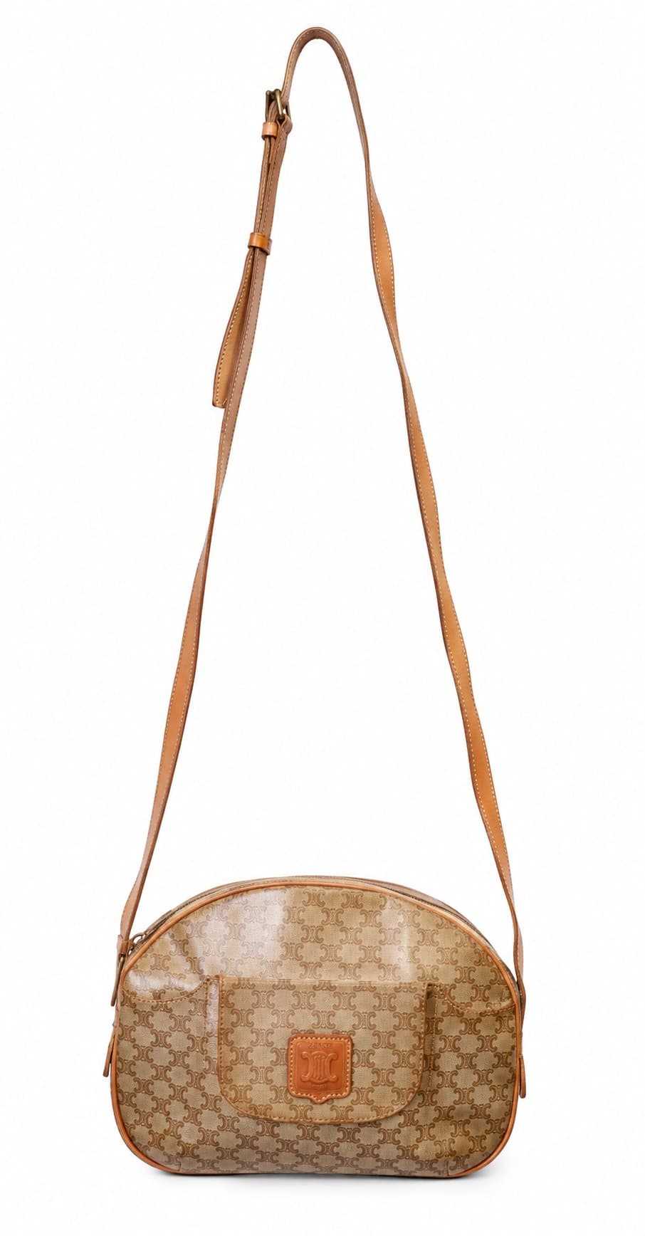 Celine Macadam Shoulder Bag Featuring A Light Brown Patterned Purse Crossbody Bag handbags auction on bidia.ai