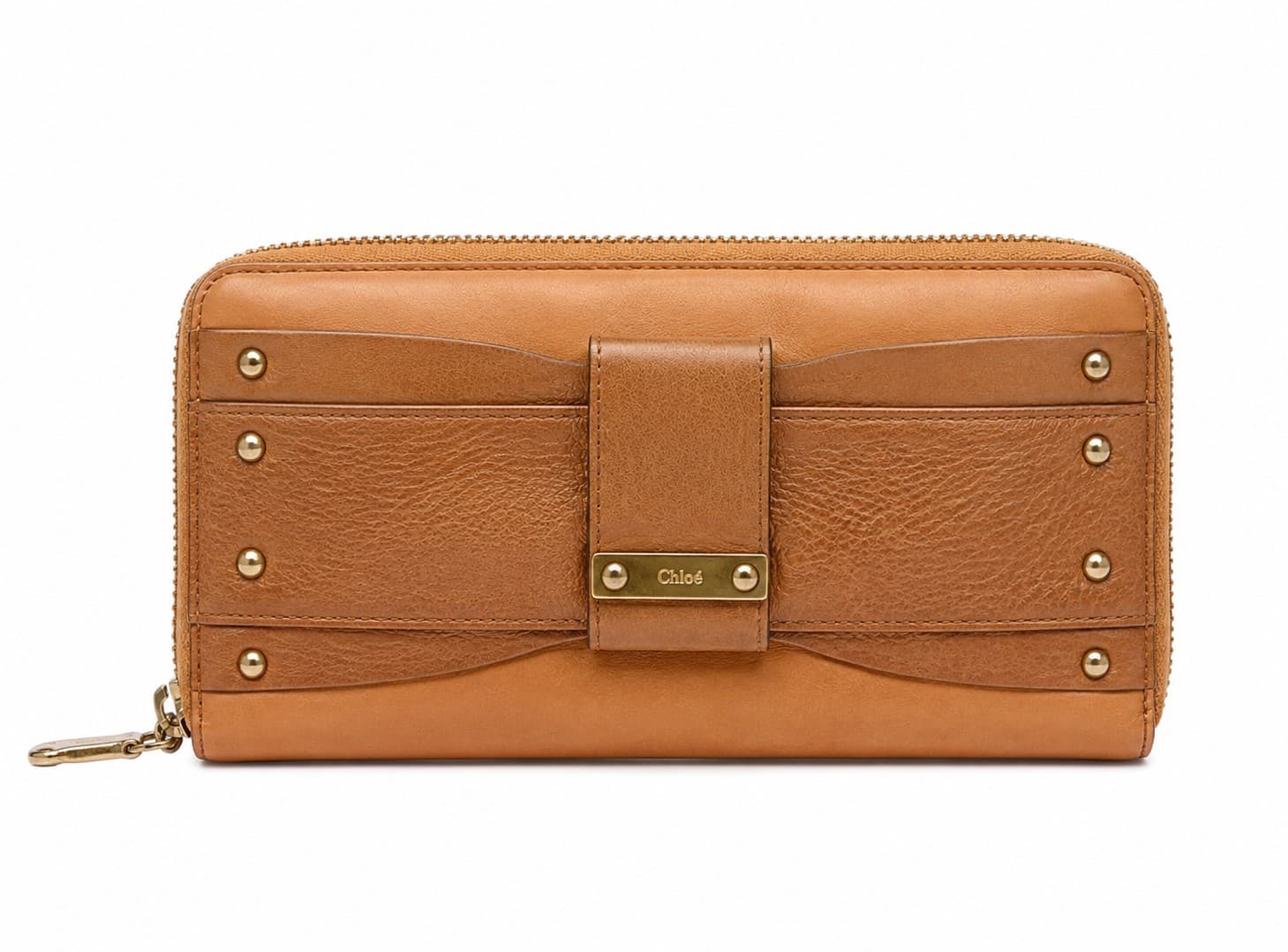Chloé Leather Zip Around Continental Wallet Tan Brown Bow Detail Gold Hardware handbags auction on bidia.ai
