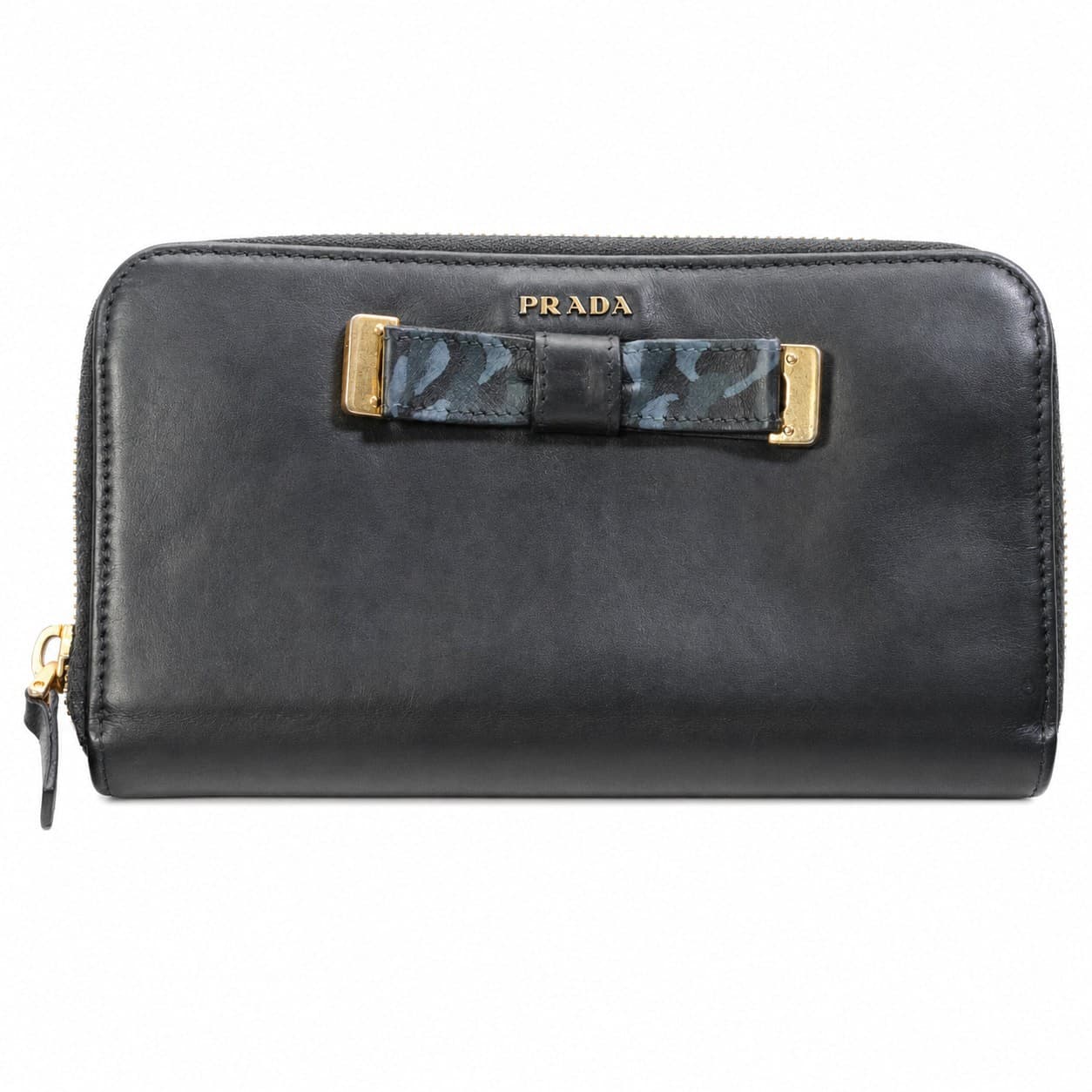 Prada Black Leather Bow Zip Around Wallet Purse Gold Hardware handbags auction on bidia.ai