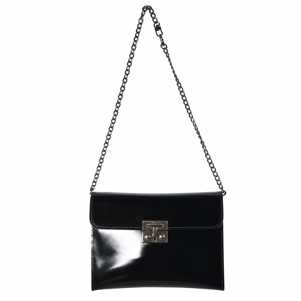 Salvatore Ferragamo Black Patent Leather Chain Shoulder Bag Crossbody Purse Handbag handbags auction on bidia.ai