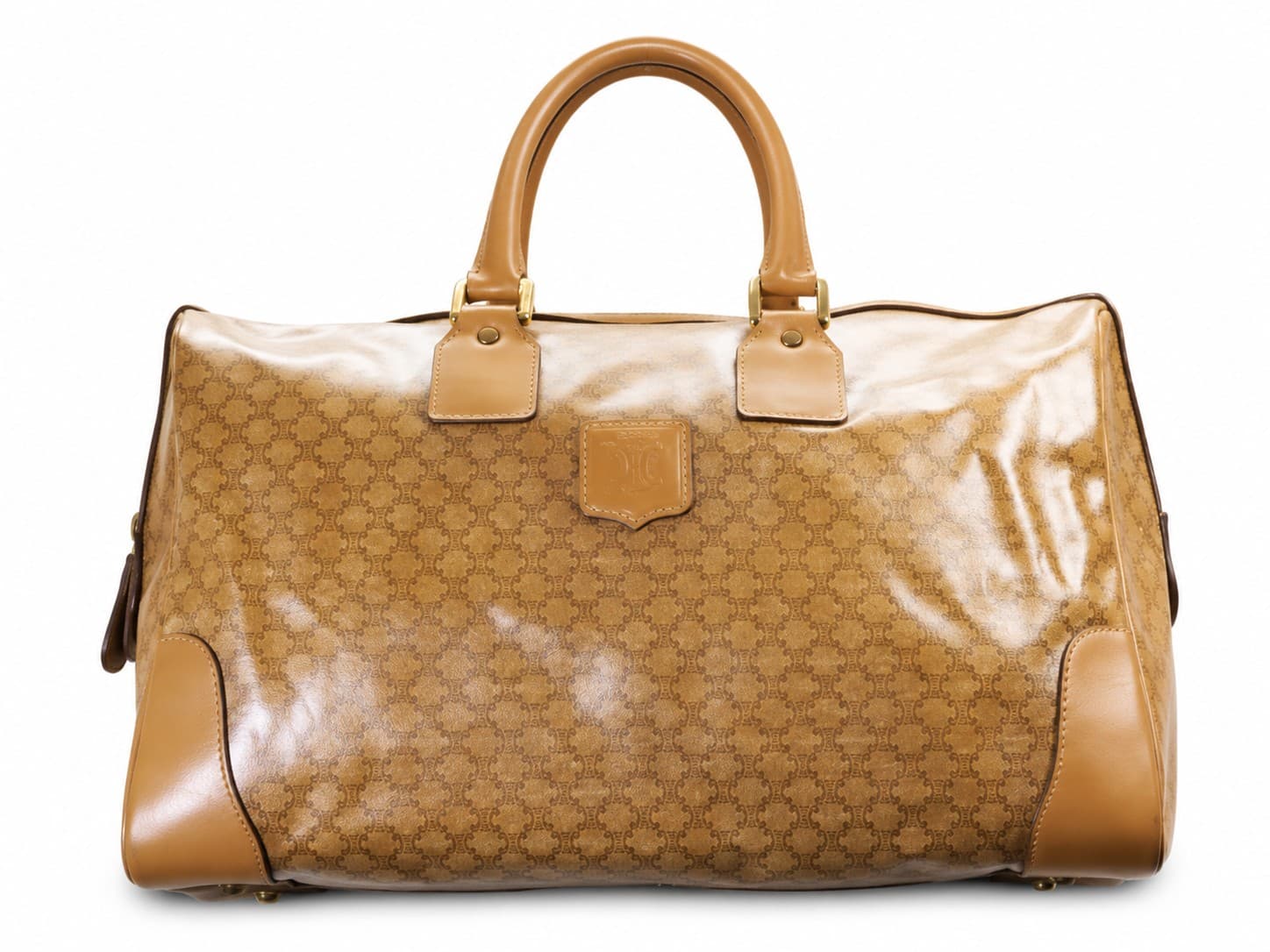 Céline Macadam Coated Canvas Leather Boston Barrel Satchel Top Handle Handbag Purse Bag Brown handbags auction on bidia.ai