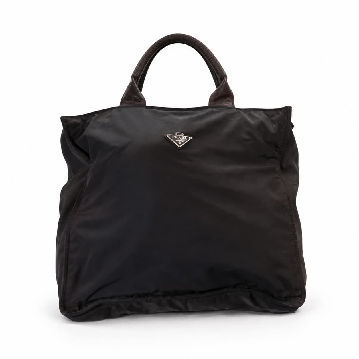 Bottega Veneta Nylon Leather Tote Handbag Purse Bag Black Brown Triangle Logo handbags auction on bidia.ai