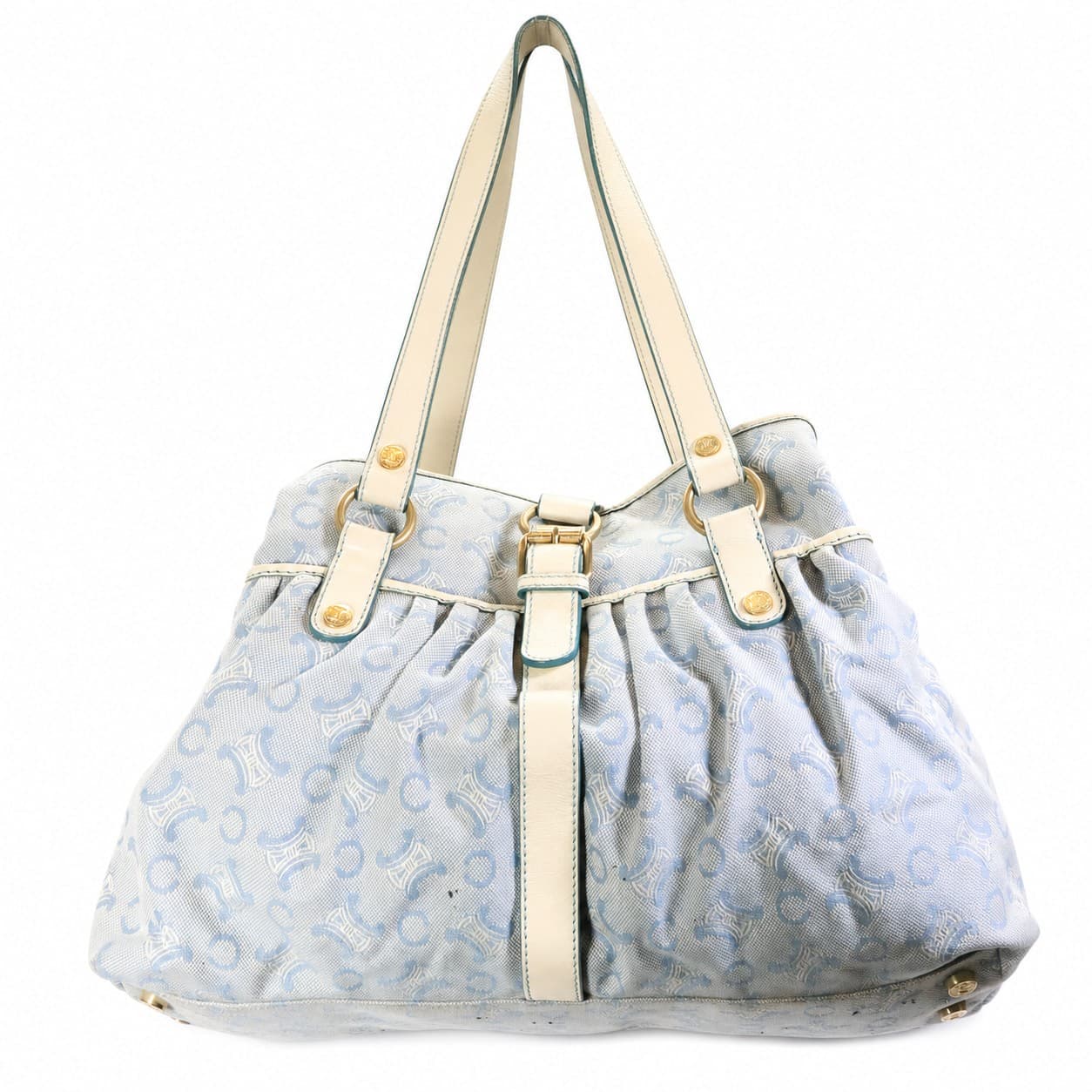 Céline Macadam Monogram Canvas Leather Shoulder Bag Handbag Purse Light Blue handbags auction on bidia.ai