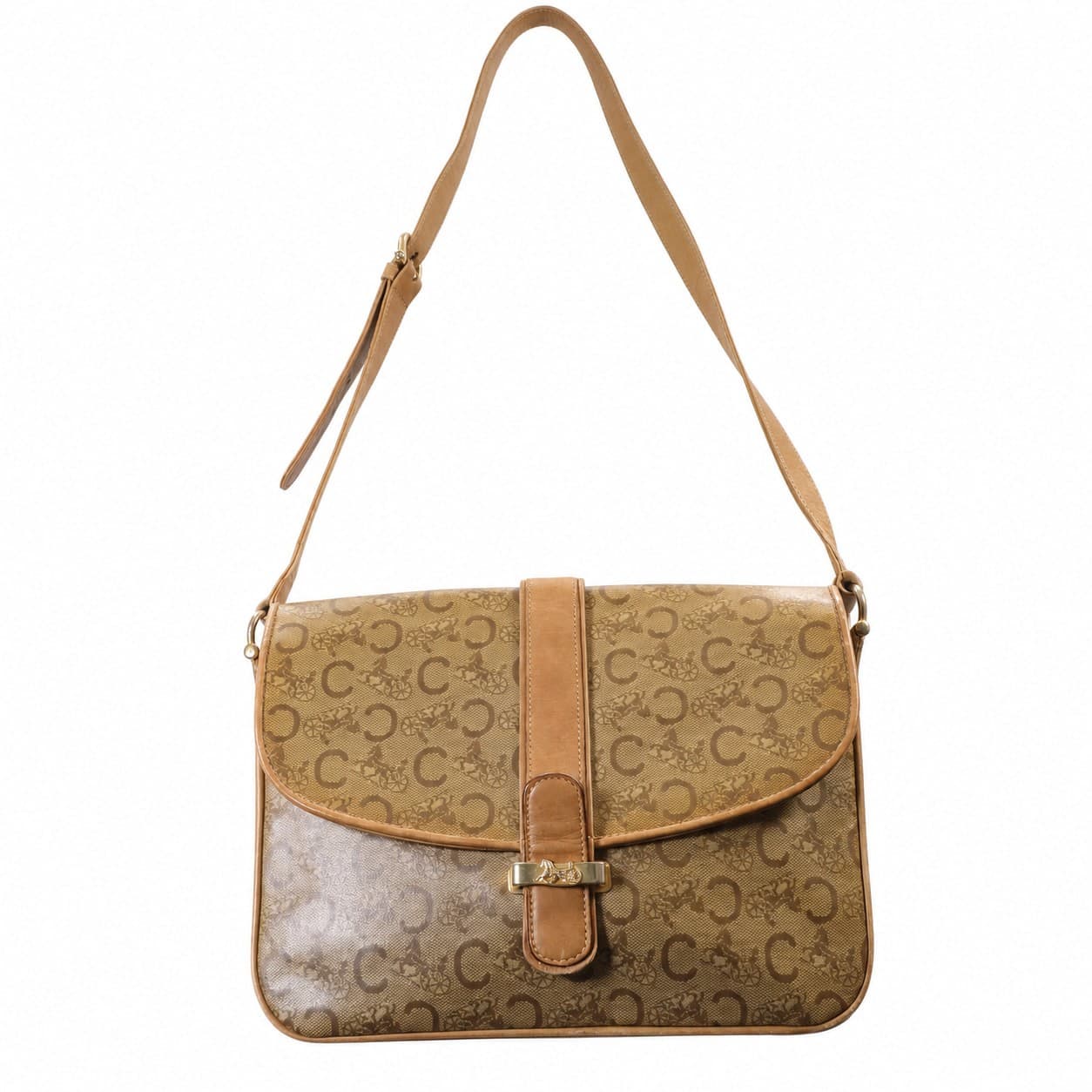 Céline Macadam Canvas Leather Crossbody Shoulder Bag Handbag Carriage Clasp Tan handbags auction on bidia.ai