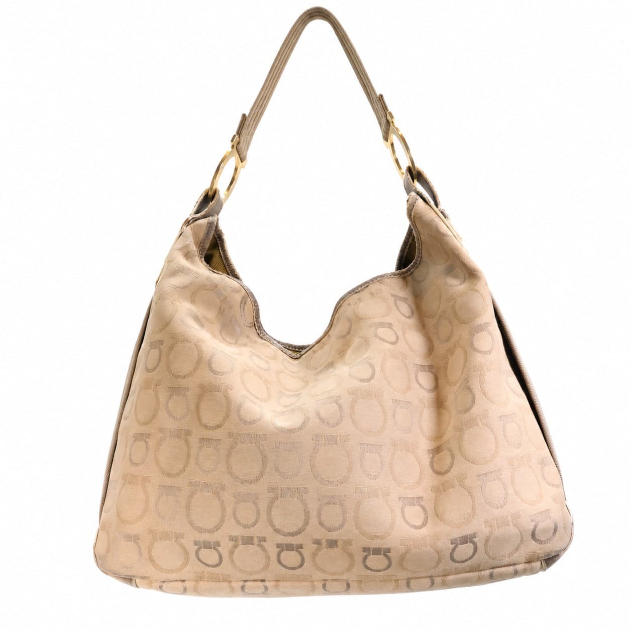 Salvatore Ferragamo Gancini Canvas Leather Hobo Shoulder Bag Handbag Purse Beige handbags auction on bidia.ai