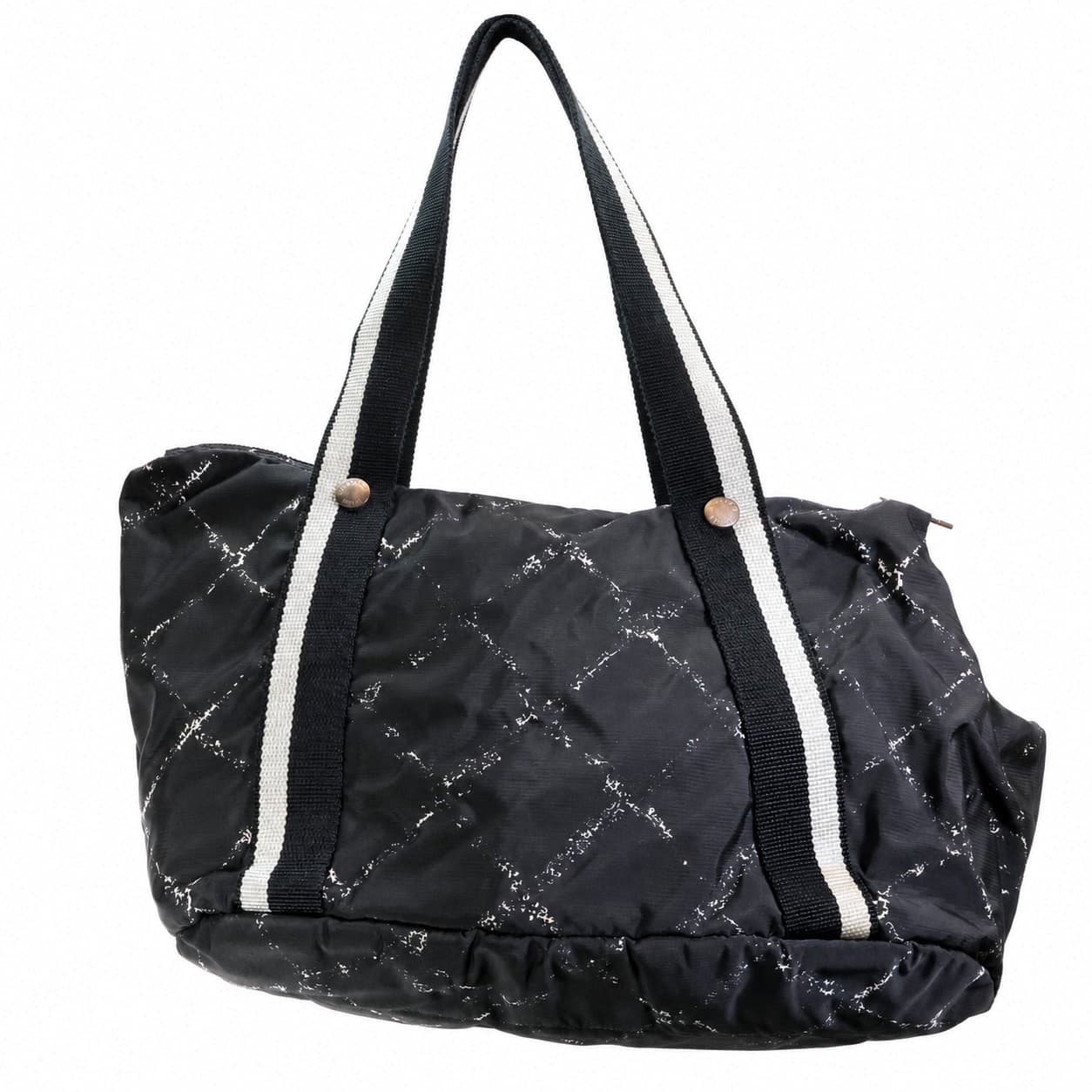 Chanel Black Quilted Nylon Duffel Duffle Shoulder Bag Handbag Striped Strap handbags auction on bidia.ai