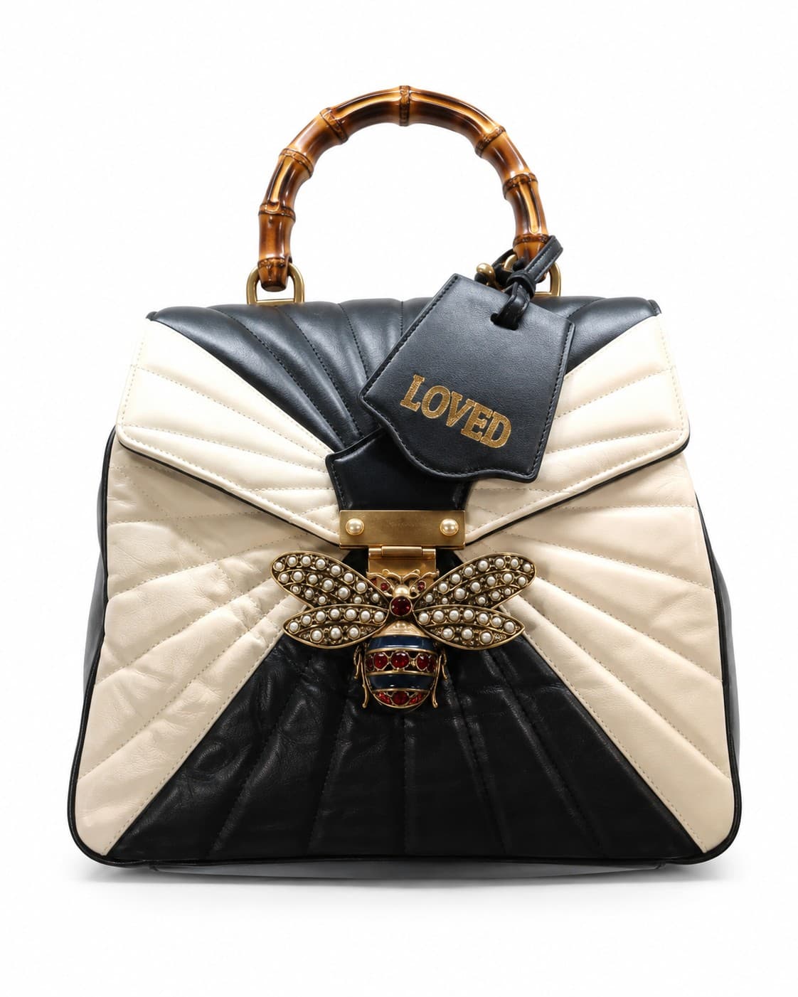 GUCCI Bamboo Trapuntata Queen Margaret Top Handle Bag Backpack Black And White Leather Purse handbags auction on bidia.ai
