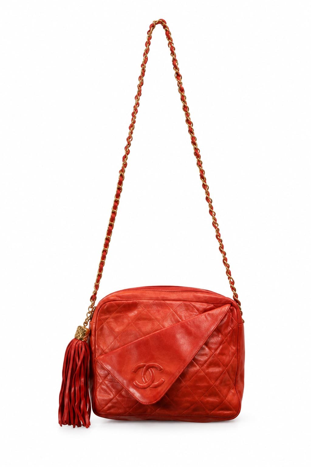 CHANEL Matelasse Lamb-Skin Gold Plate Chain Red Shoulder Bag Crossbody Purse Interlocking C handbags auction on bidia.ai