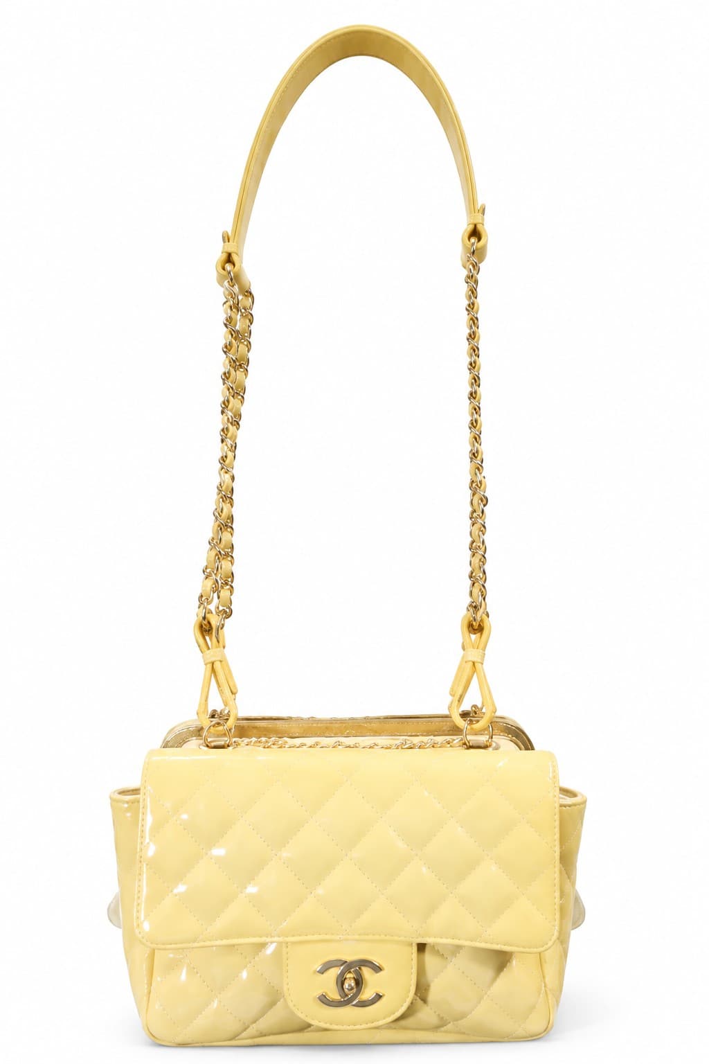 Rare Chanel Double-Bag Quilted Yellow And White Lace Clasp Bag Shoulder Bag Purse With Interlocking C handbags auction on bidia.ai