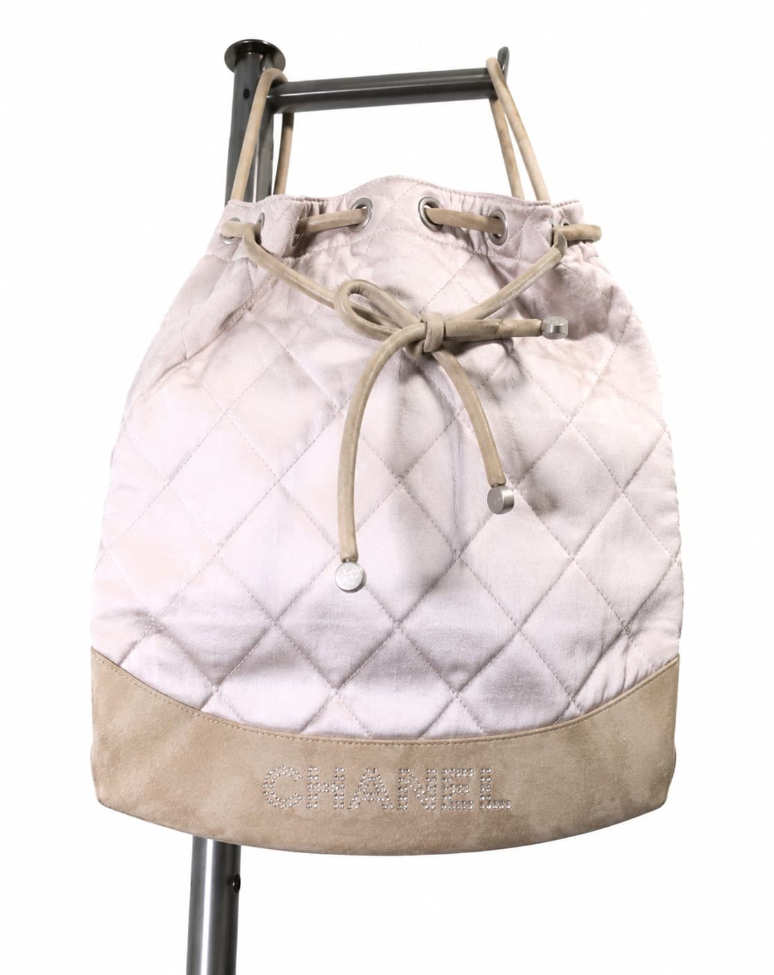 Chanel Pink Blush Quilted Silk Crystal Logo Drawstring Backpack Purse Handbag Bag handbags auction on bidia.ai