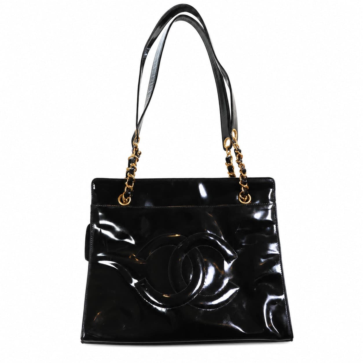 Chanel Black Patent Leather CC Logo Tote Shoulder Bag Handbag Purse handbags auction on bidia.ai