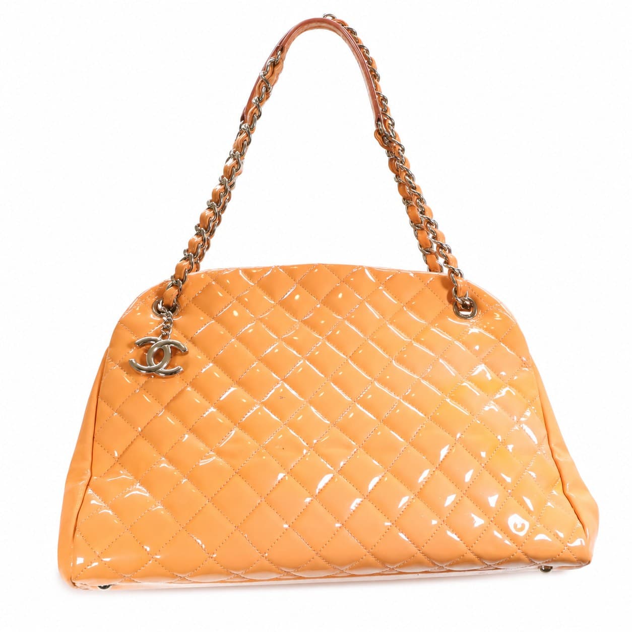 Chanel Just Mademoiselle Patent Leather Quilted Shoulder Bag Handbag Orange handbags auction on bidia.ai