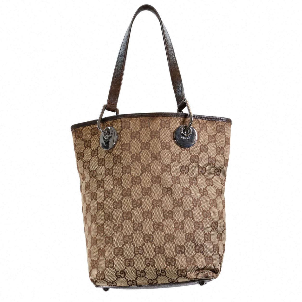 Gucci GG Canvas Brown Leather Trim Tote Bag Handbag Purse Shoulder Bag Beige handbags auction on bidia.ai