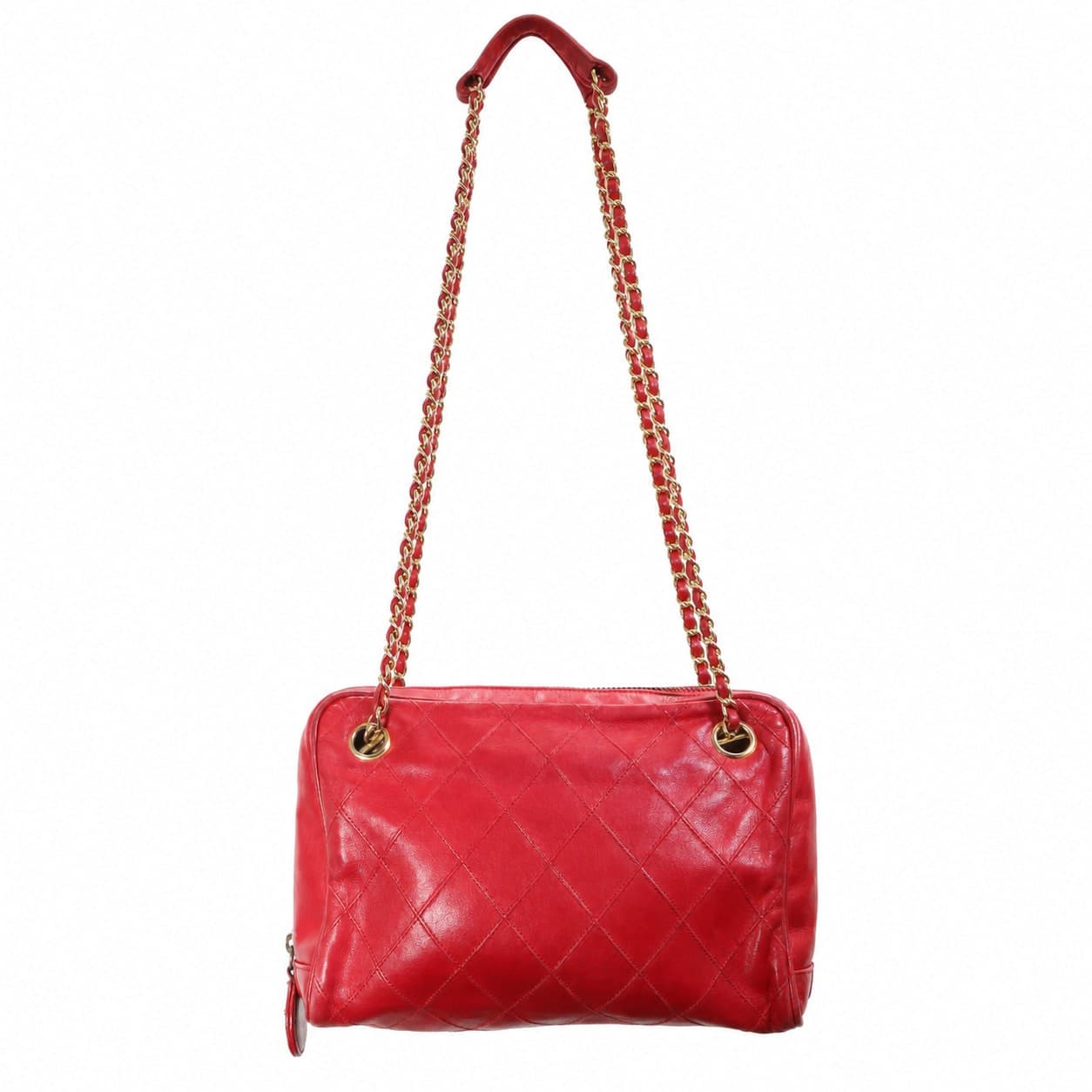 Chanel Quilted Red Leather Camera Shoulder Bag Crossbody Handbag Purse Gold handbags auction on bidia.ai
