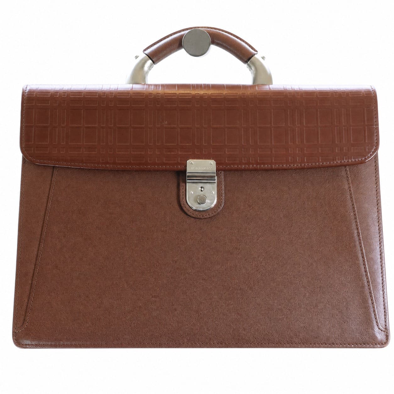 Burberry Tan Brown Leather Top Handle Handbag Purse Bag Embossed Check handbags auction on bidia.ai