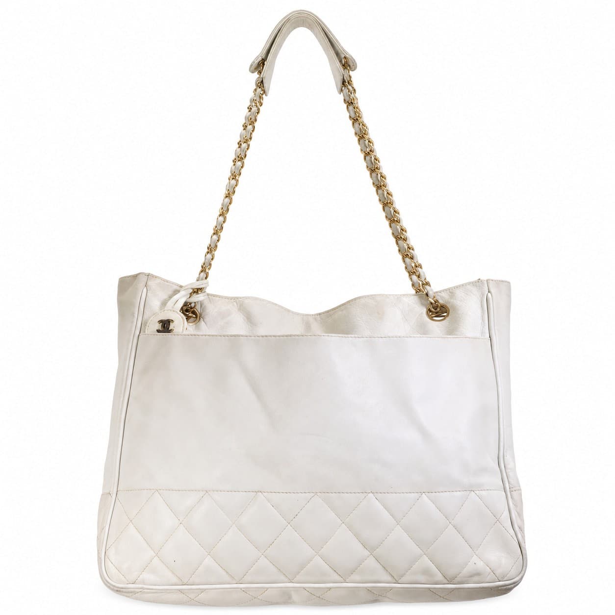 Chanel White Leather Quilted Tote Shoulder Bag Handbag Purse Gold Chain handbags auction on bidia.ai