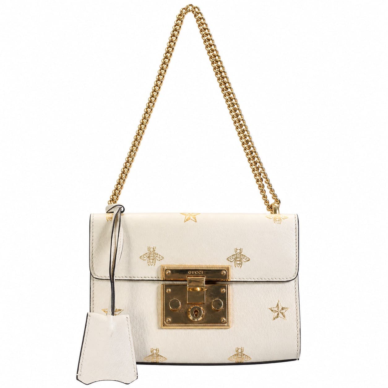 Gucci Padlock Bee Star Leather Shoulder Bag Crossbody Handbag Purse White Ivory handbags auction on bidia.ai